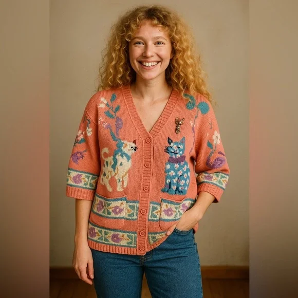 Berek 1989 Hand-Knit Cat Sweater Cardigan + Vintage Cat Brooch 100% Pima Cotton - Picture 2 of 8